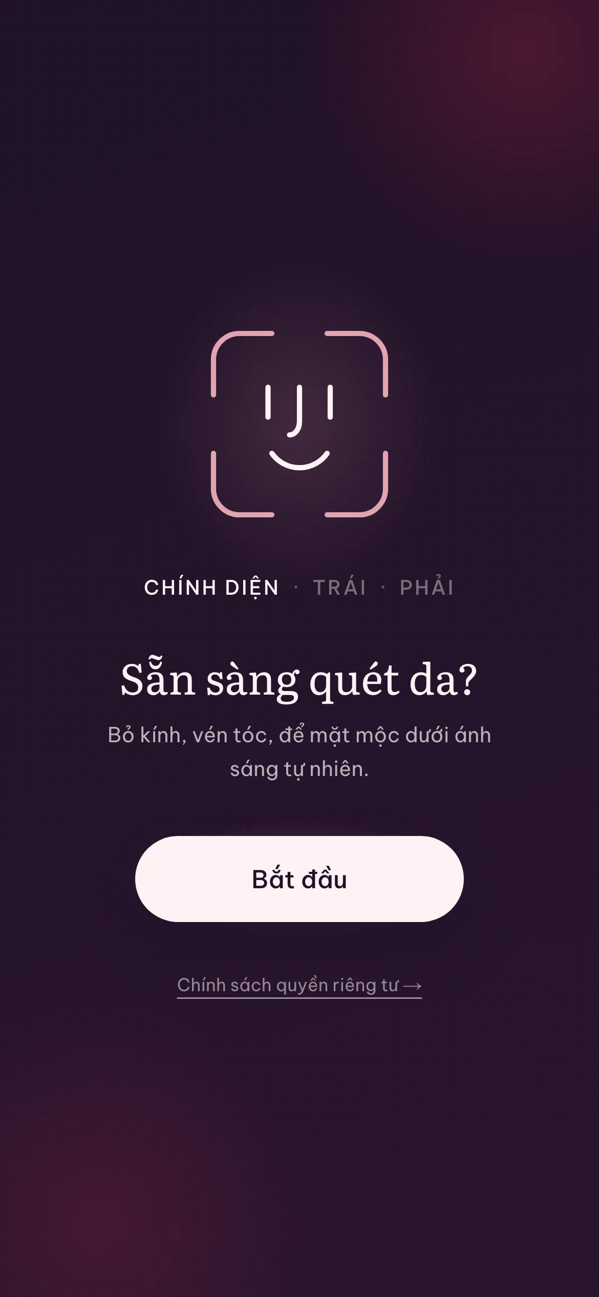 Màn hình Helen AI nhắc bỏ kính và nói rõ ảnh được dùng thế nào, ngay trước khi bắt đầu chụp